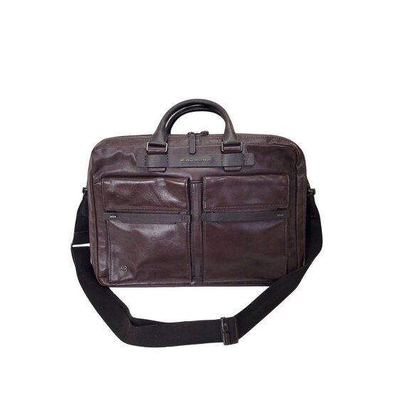 Piquadro Dark Brown Leather Business Bag With Adjustable Strap Multiple Pockets - Picture 8 of 8